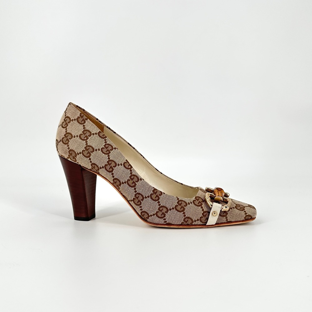 Gucci GG Monogram Canvas Bamboo Horsebit Square Toe Pumps Heels Brown Womens 8 B